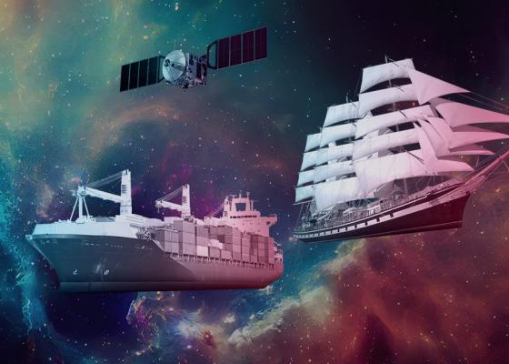 Image of two ancient ships floating through a galaxy.